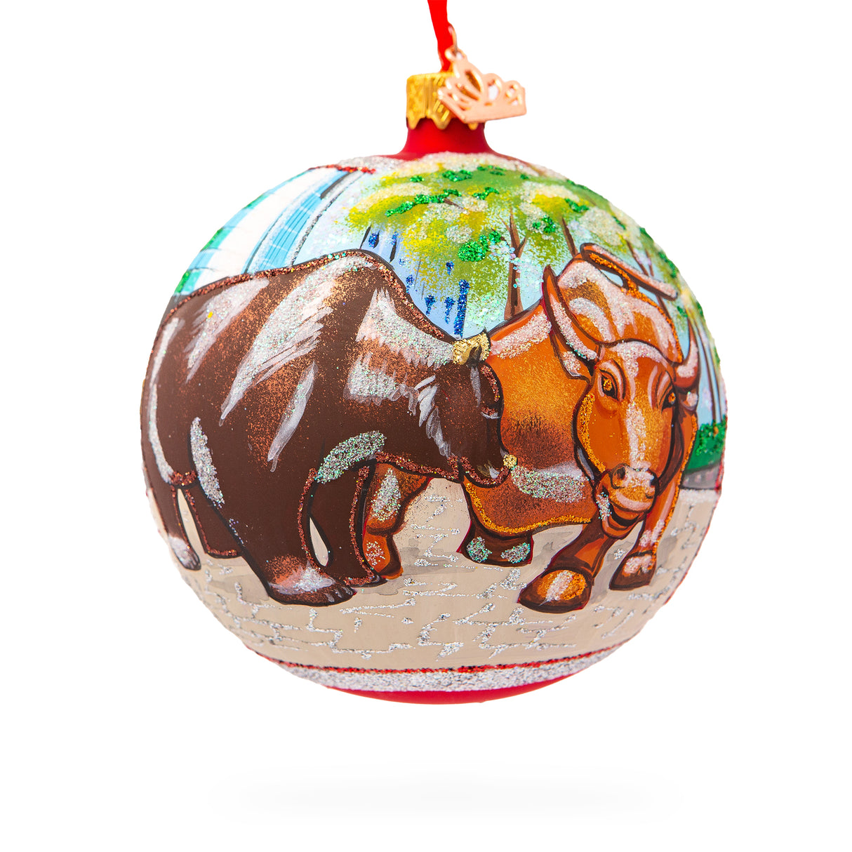Glass Wall Street Icons: Bear and Bull on Wall Street Blown Glass Ball Christmas Ornament 4 Inches in Multi color Round