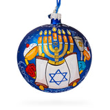 Glass Symbolic Celebration: Menorah and Jewish Symbols Blown Glass Ball Ornament 4 Inches in Blue color Round