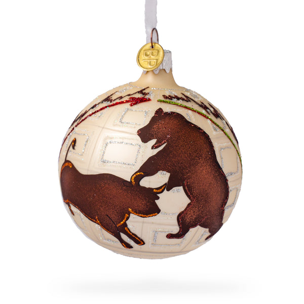 Bear and Bull on Wall Street Blown Glass Ball Christmas Ornament 3.25 Inches in Multi color, Round shape