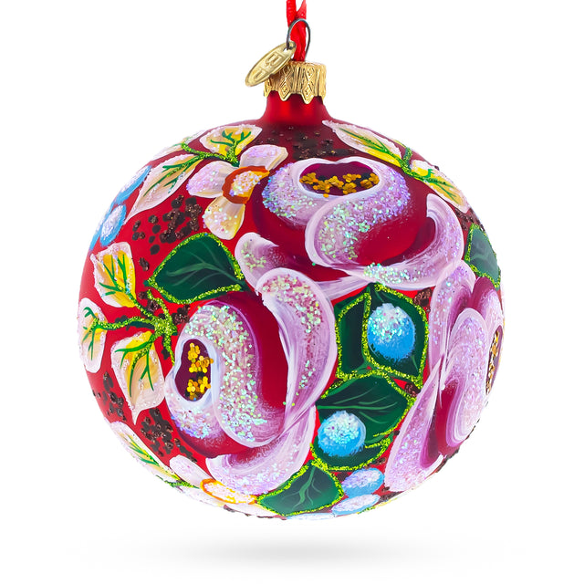 Roses Bouquet Glass Ball Christmas Ornament 4 Inches in Red color Round