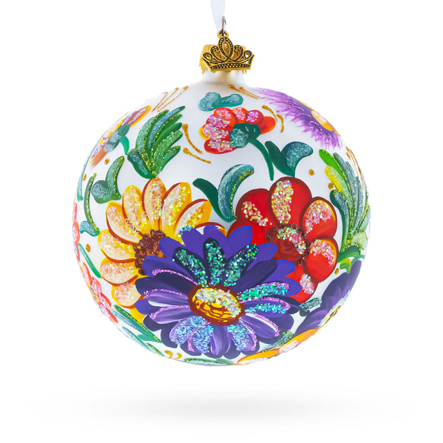 Ukrainian Petrykivka Floral Painting Glass Ball Christmas Ornament 4 Inches in Multi color Round