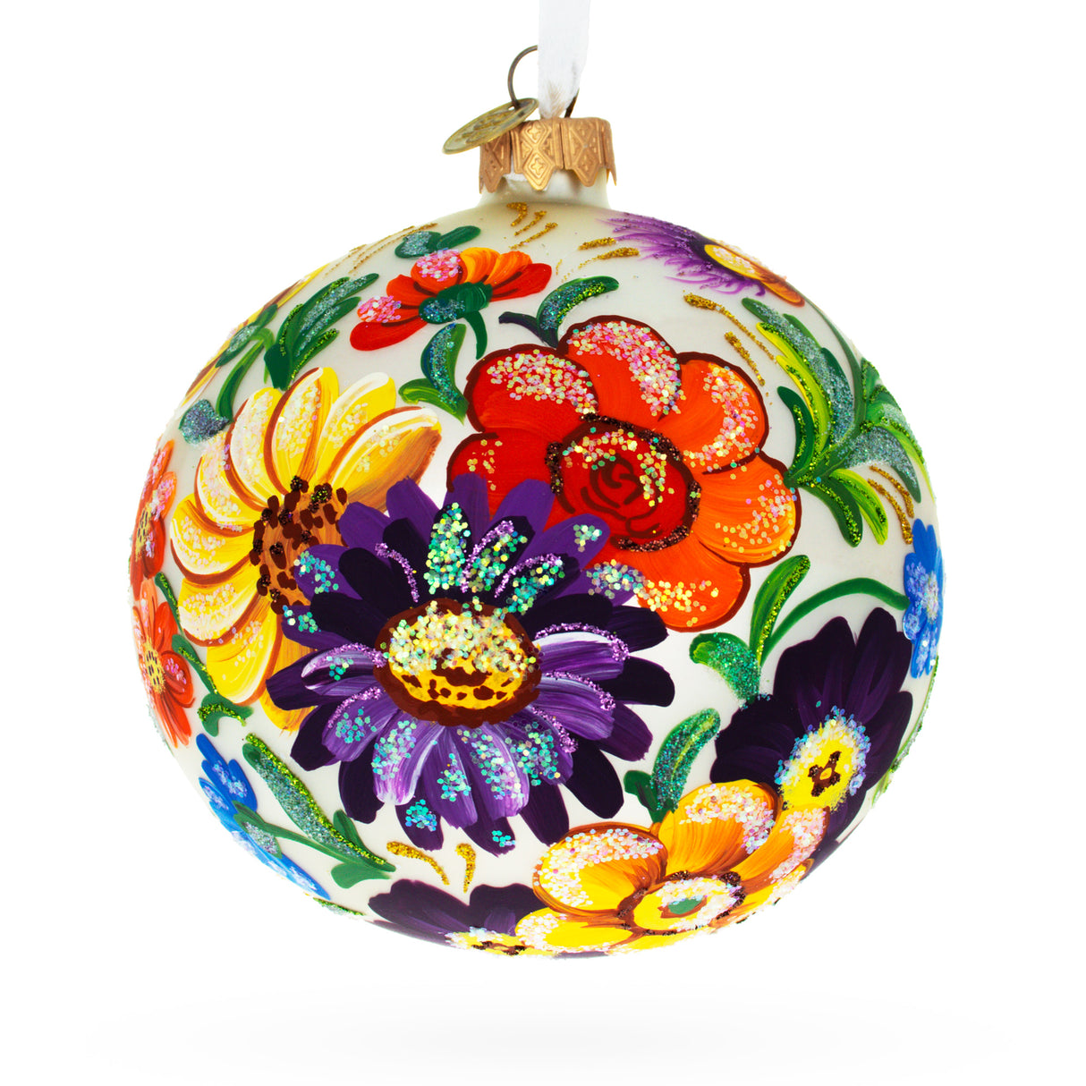 Vibrant Ukrainian Petrykivka Floral Painting Blown Glass Ball Christmas Ornament 4 Inches in Multi color, Round shape