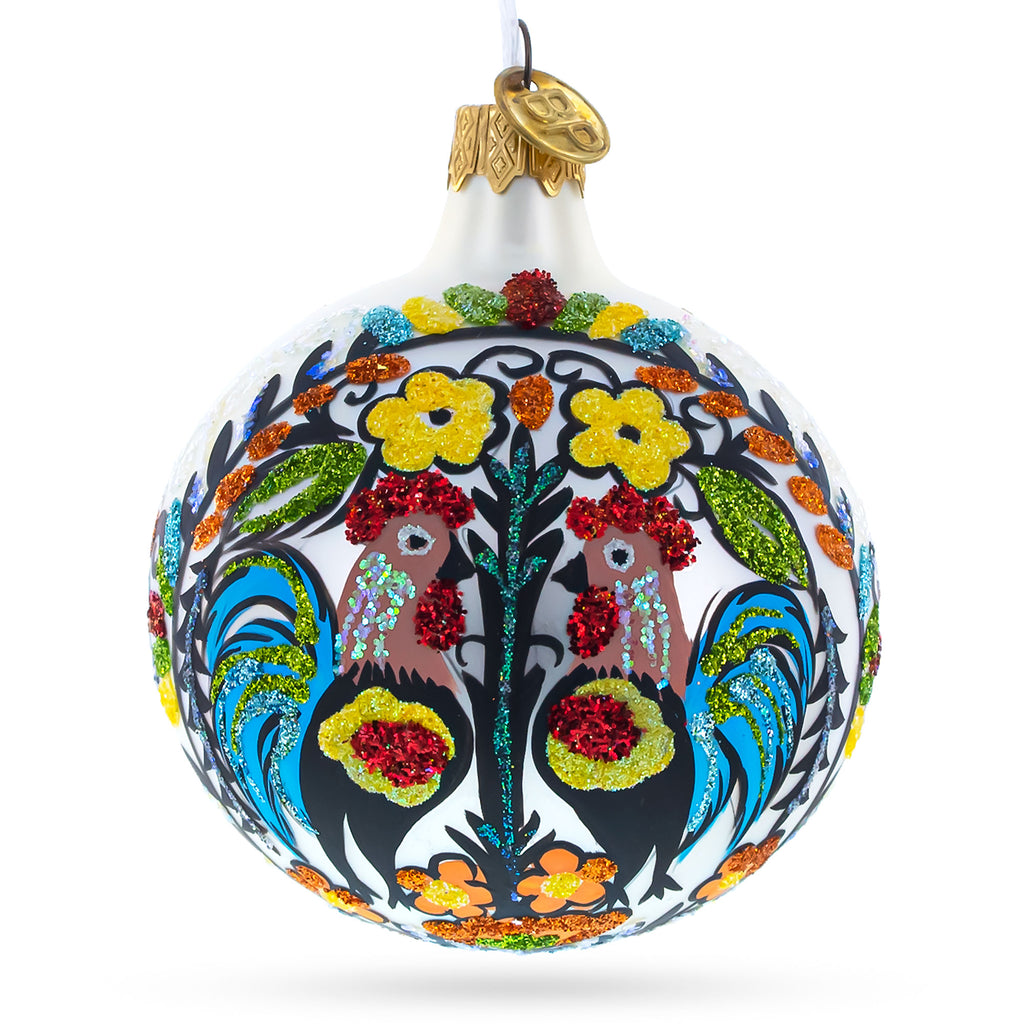 Glass Charming Roosters: Ukrainian Petrykivka Painting Blown Glass Ball Christmas Ornament 4 Inches in Multi color Round