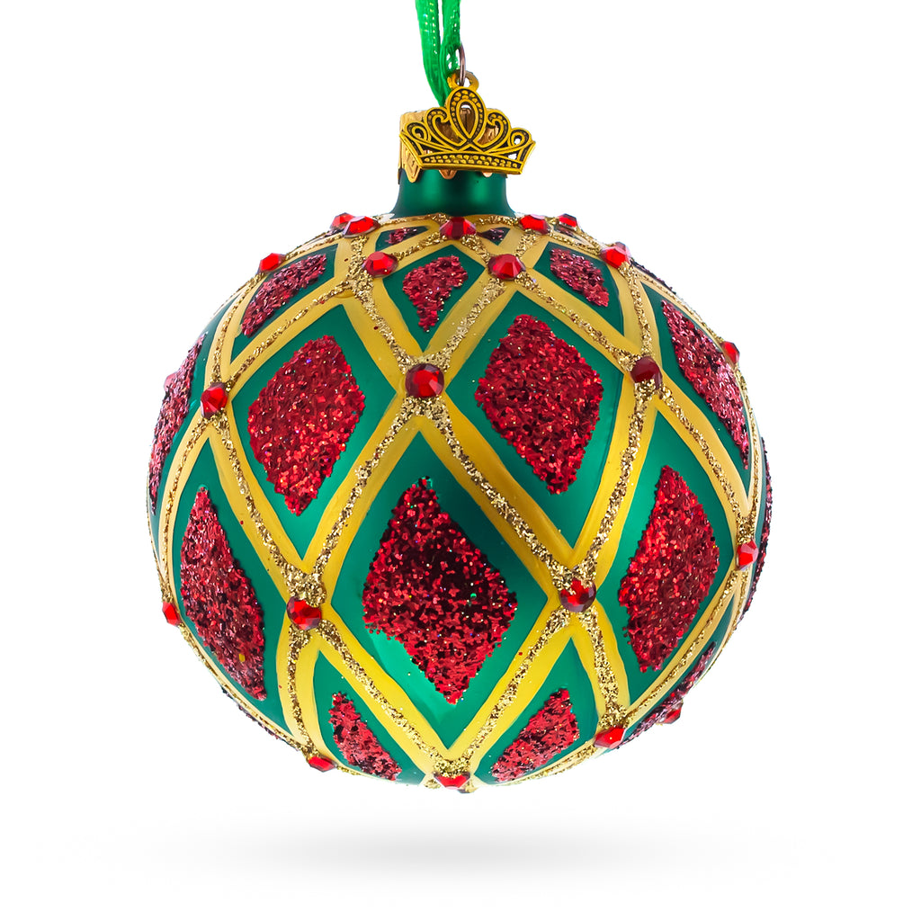 Glittered Red IKAT on Green Glass Ball Christmas Ornament 3.25 Inches in Red color Round