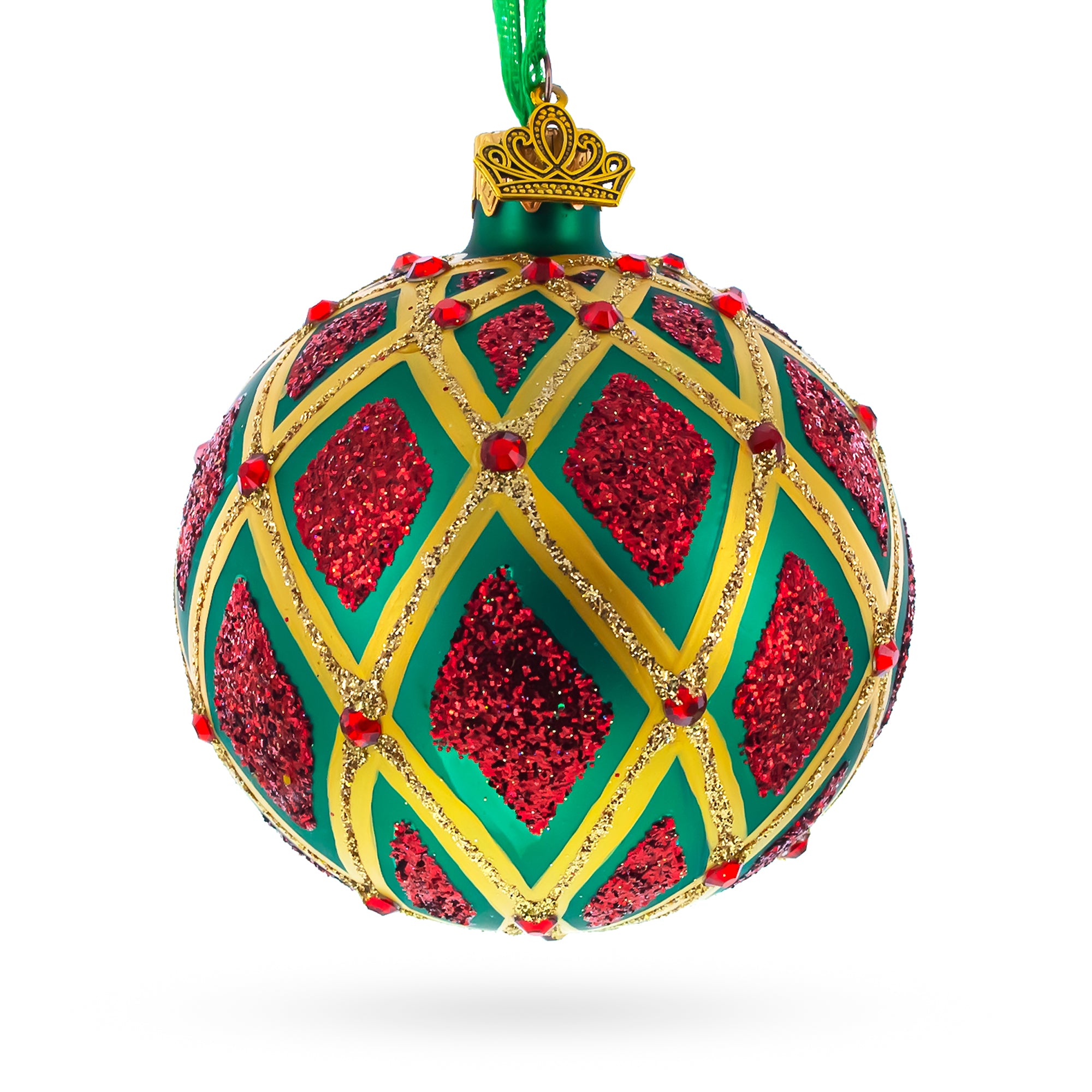 Glittered Red IKAT on Green Glass Ball Christmas Ornament 3.25 Inches in Red color Round