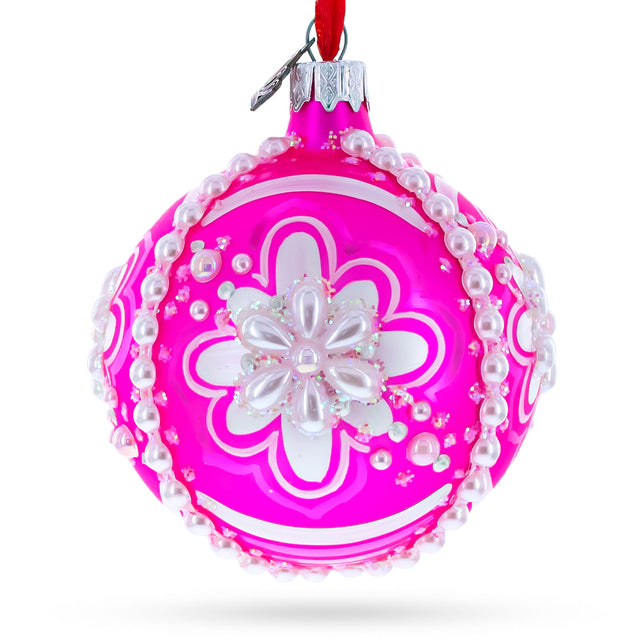 Luxurious Jeweled Pearl Flowers on Pink Blown Glass Ball Christmas Ornament 3.25 Inches in Pink color, Round shape