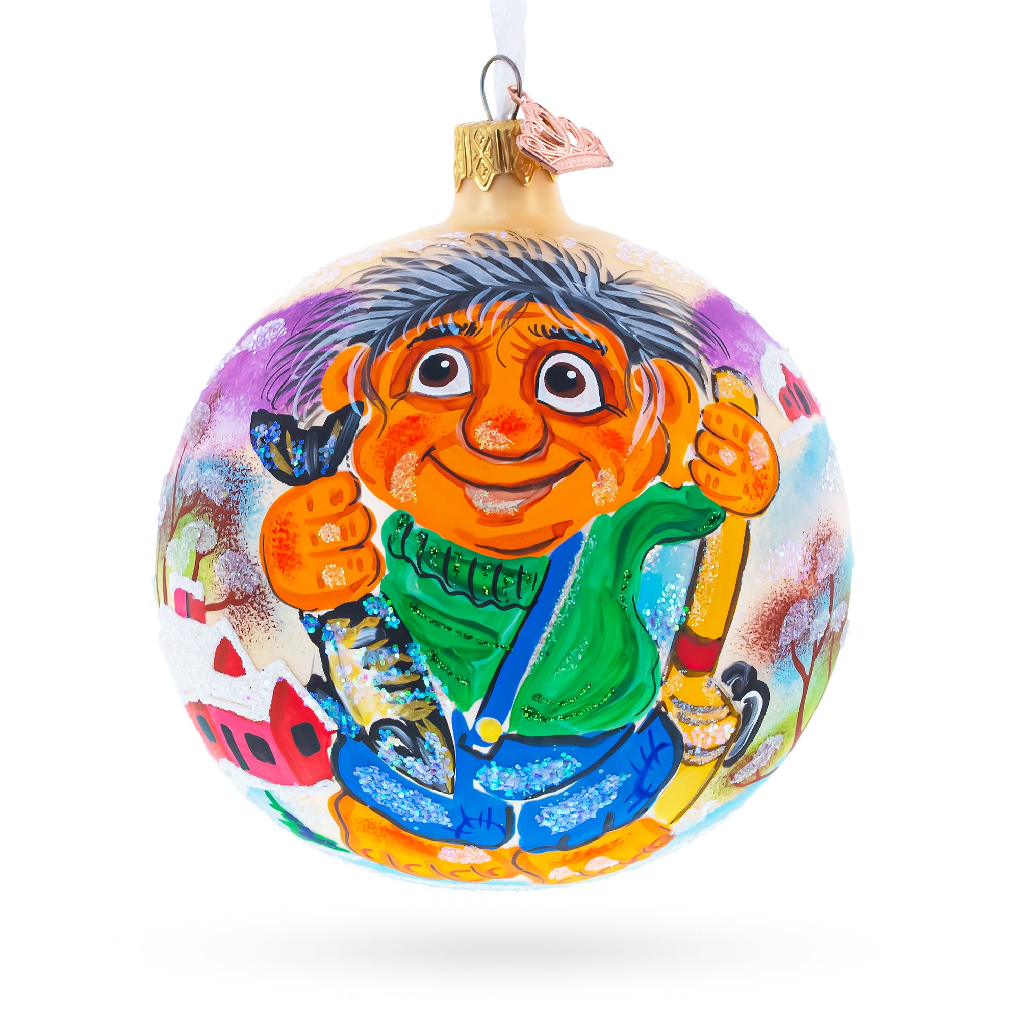 Troll the Fisherman Glass Ball Christmas Ornament 4 Inches in Multi color Round