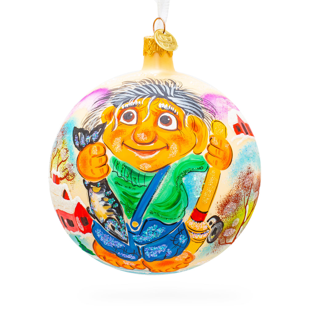Glass Fisherman's Catch: Troll the Fisherman Blown Glass Ball Christmas Ornament 4 Inches in Multi color Round