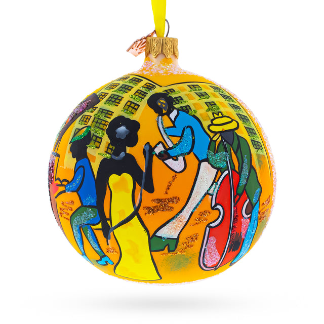 Glass Swingin' Jazz Band Blown Glass Ball Christmas Ornament 4 Inches in Yellow color Round