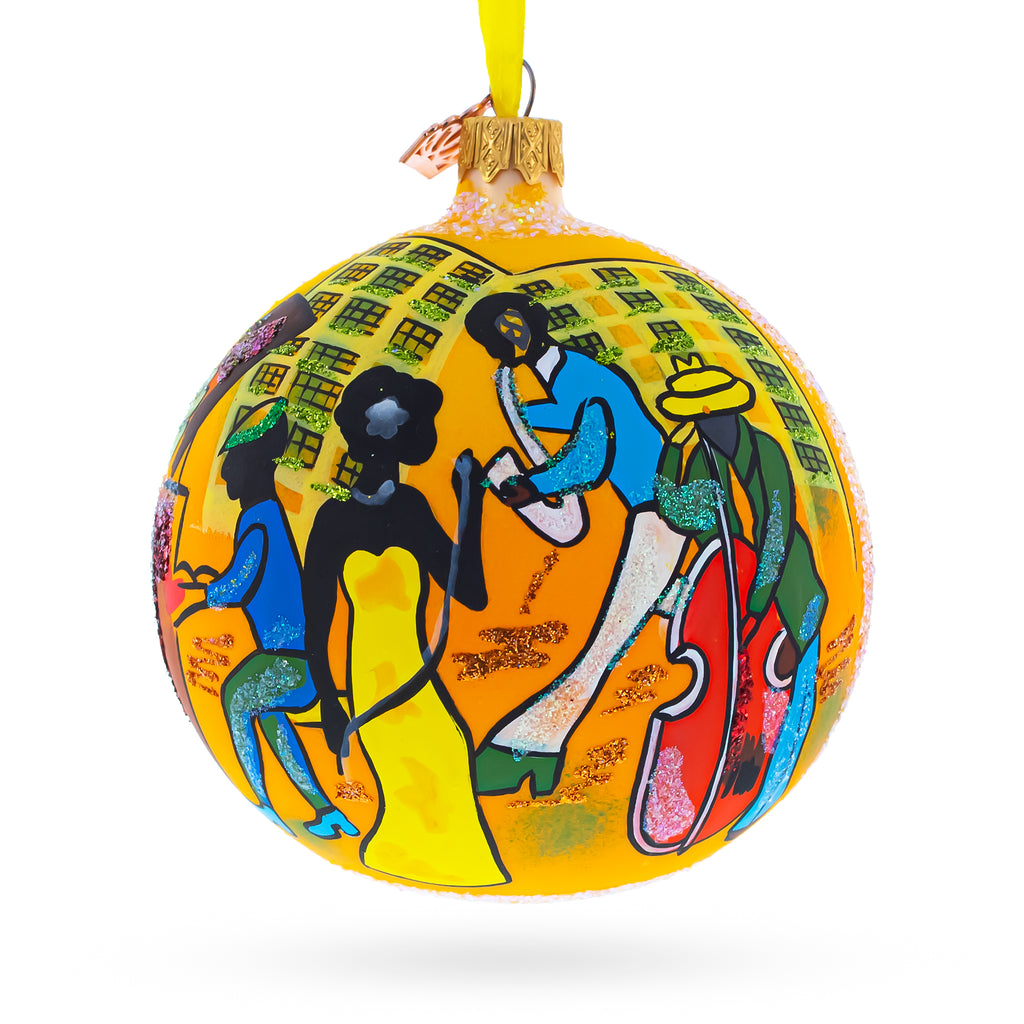 Swinging' Jazz Band Glass Ball Christmas Ornament 4 Inches in Yellow color Round