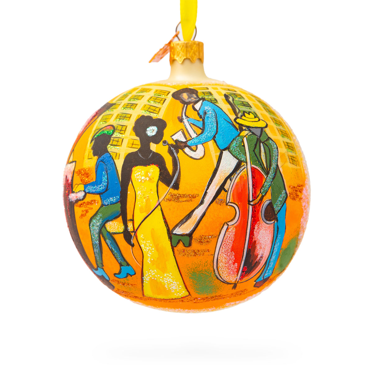 Swingin' Jazz Band Blown Glass Ball Christmas Ornament 4 Inches in Yellow color, Round shape