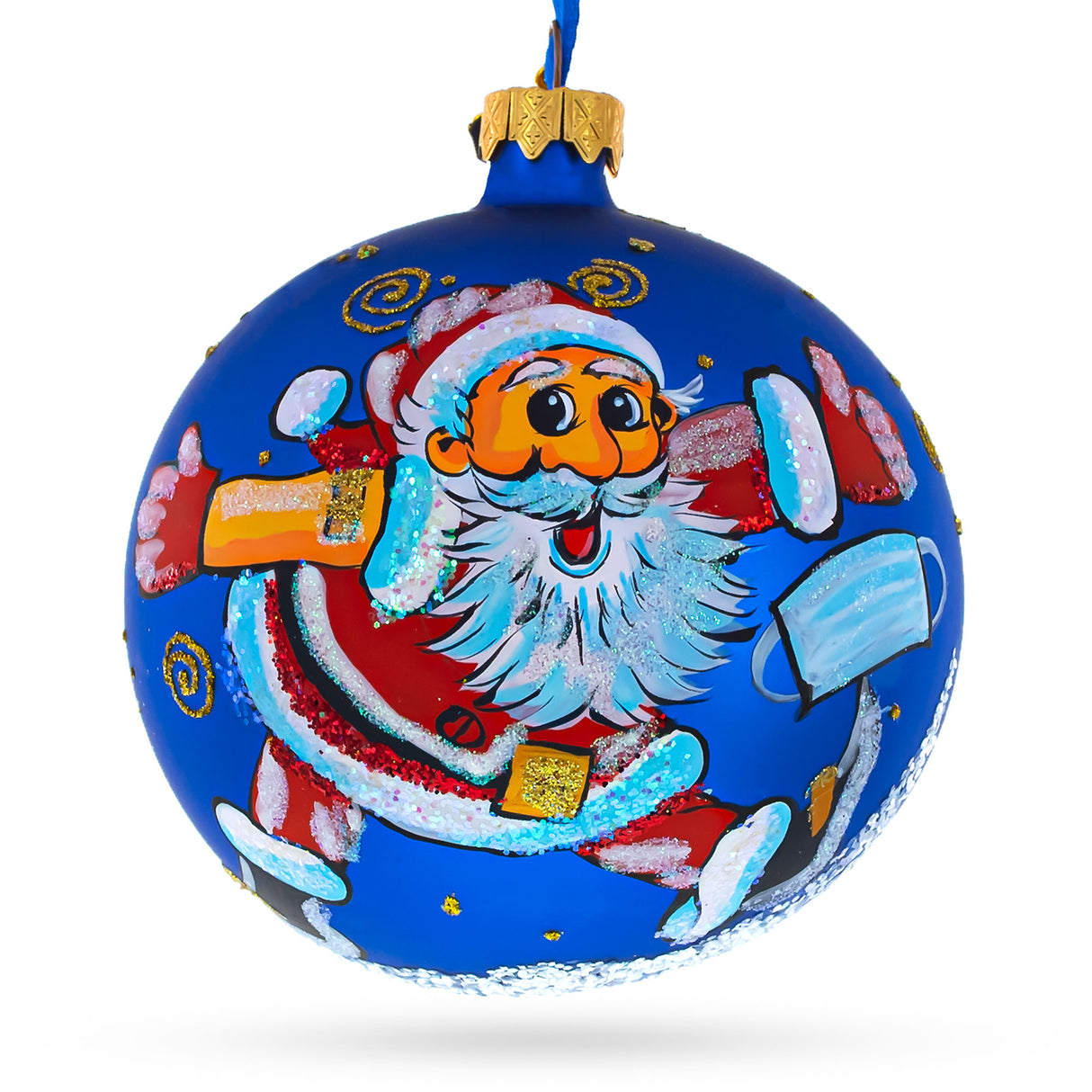 Santa's Checkup: After Doctor Visit Blown Glass Ball Christmas Ornament 4 Inches in Blue color, Round shape