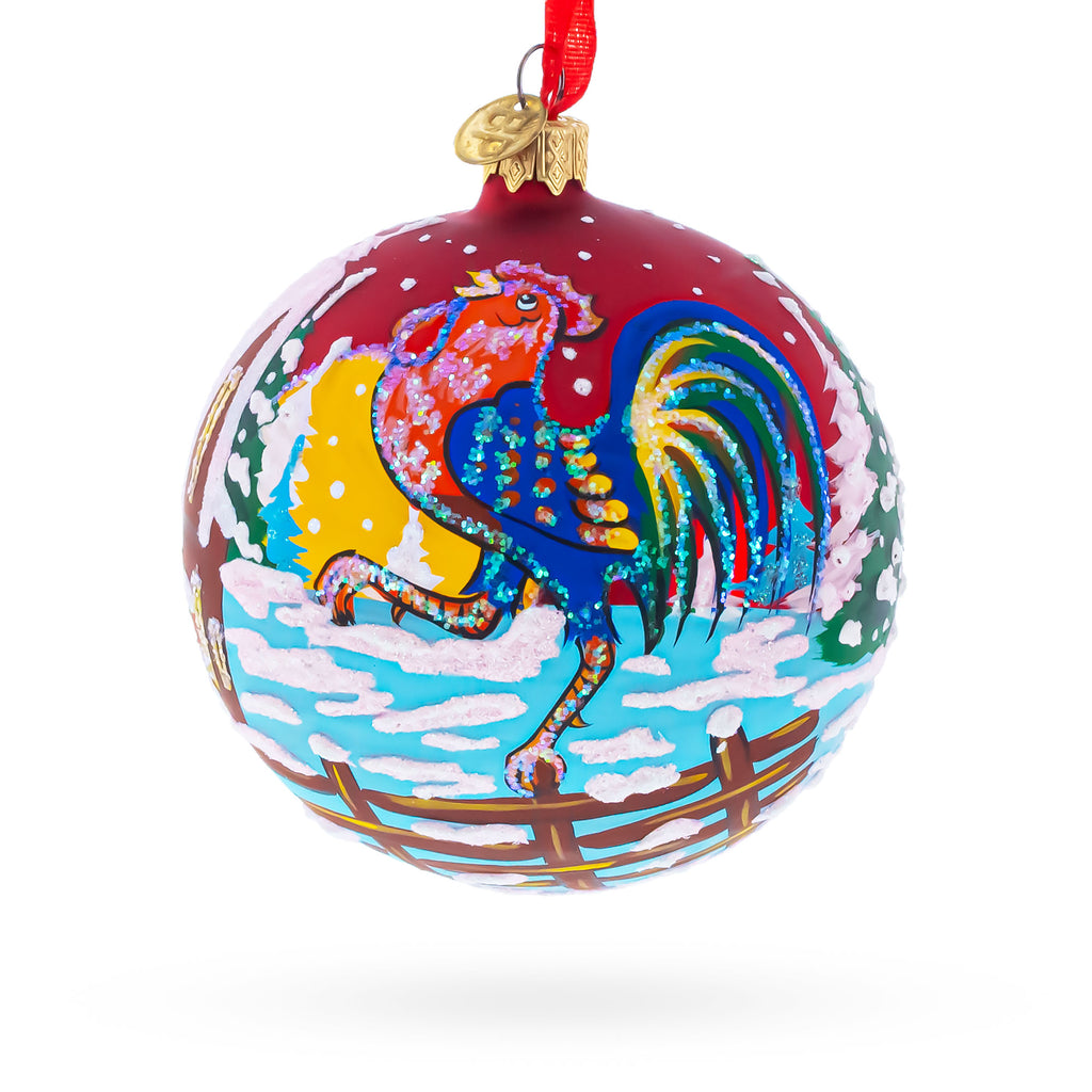 Rooster in the Winter Village Glass Ball Christmas Ornament 4 Inches in Red color Round