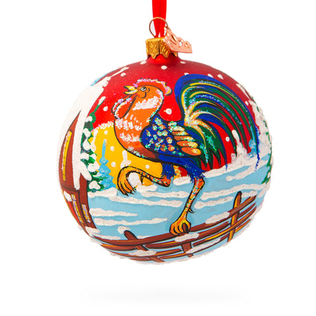 Frosty Morning Crowing: Rooster in the Winter Village Blown Glass Ball Christmas Ornament 4 Inches in Red color, Round shape