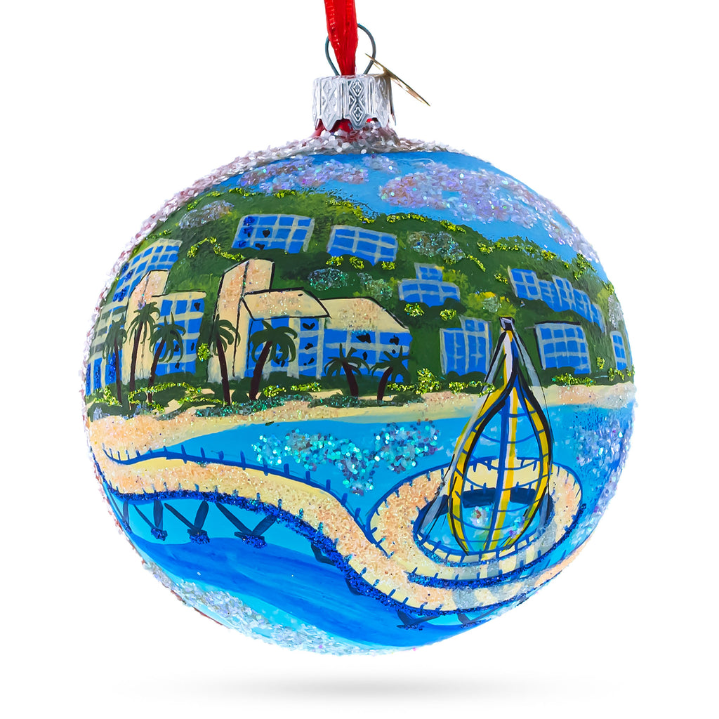 Malecon Boardwalk, Puerto Vallarta, Mexico Glass Ball Christmas Ornament 4 Inches in Blue color Round