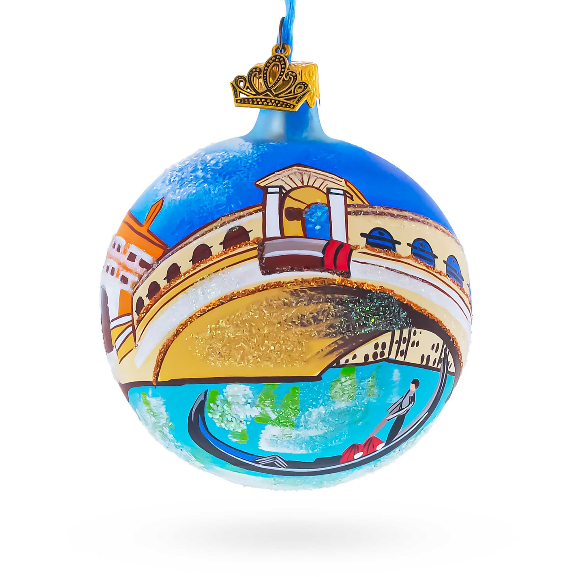 Gondola under The Rialto Bridge, Venice, Italy Glass Ball Christmas Ornament 3.25 Inches in Multi color Round