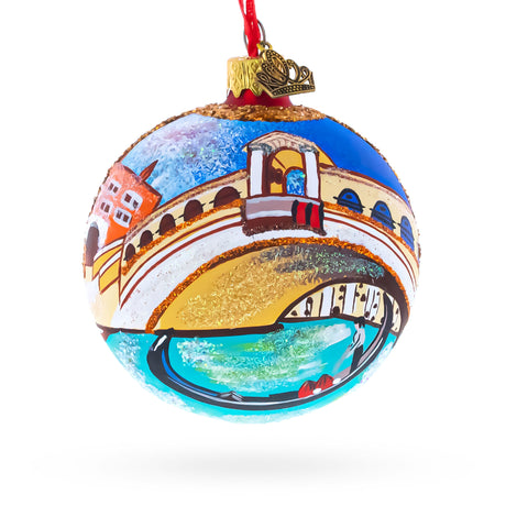 Gondola under The Rialto Bridge, Venice, Italy Glass Ball Christmas Ornament 3.25 Inches in Multi color Round