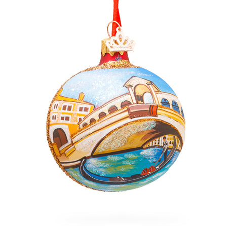 Gondola under The Rialto Bridge, Venice, Italy Glass Ball Christmas Ornament 3.25 Inches in Multi color, Round shape