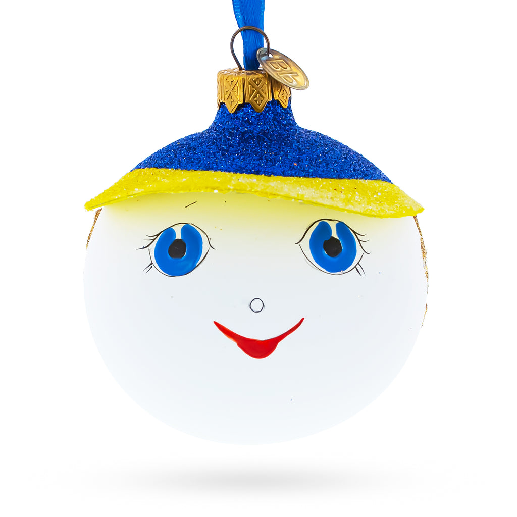 Glass Playful Boy in the Hat Blown Glass Ball Christmas Ornament 3.25 Inches in Blue color Round