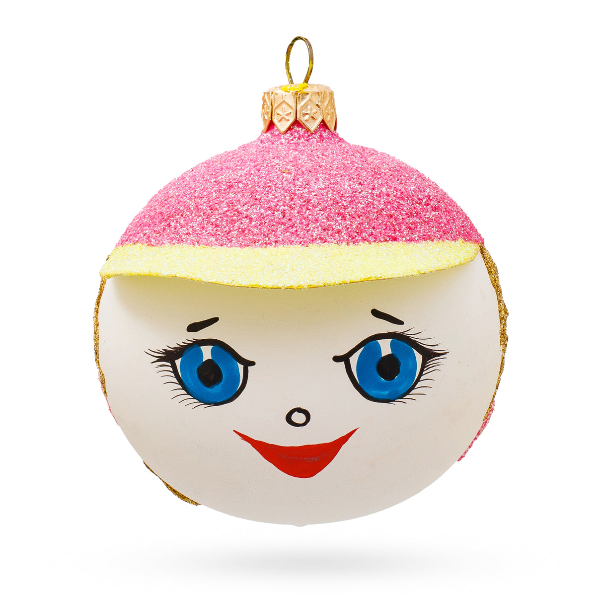 Adorable Girl in the Hat Blown Glass Ball Christmas Ornament 3.25 Inches in Pink color, Round shape