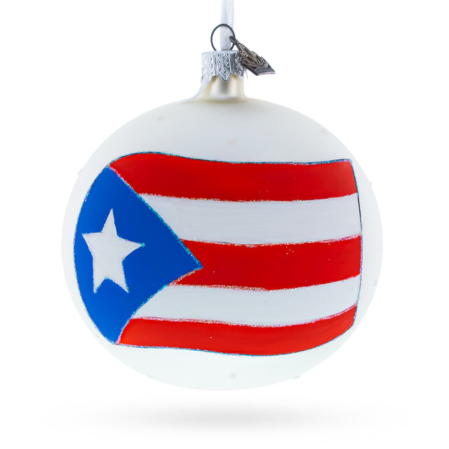 Glass Flag of Puerto Rico Blown Glass Ball Christmas Ornament 4 Inches in White color Round