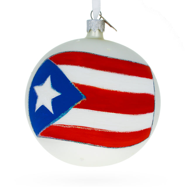 Puerto Rican Pride: Flag of Puerto Rico Blown Glass Ball Christmas Ornament 4 Inches in White color, Round shape