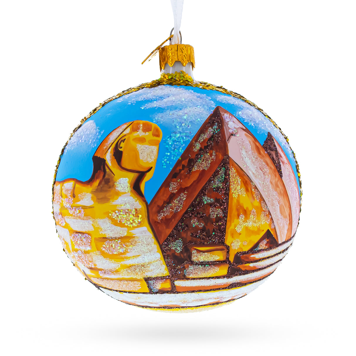 Glass Pyramids and Great Sphinx of Giza, Egypt Glass Ball Christmas Ornament 4 Inches in Multi color Round