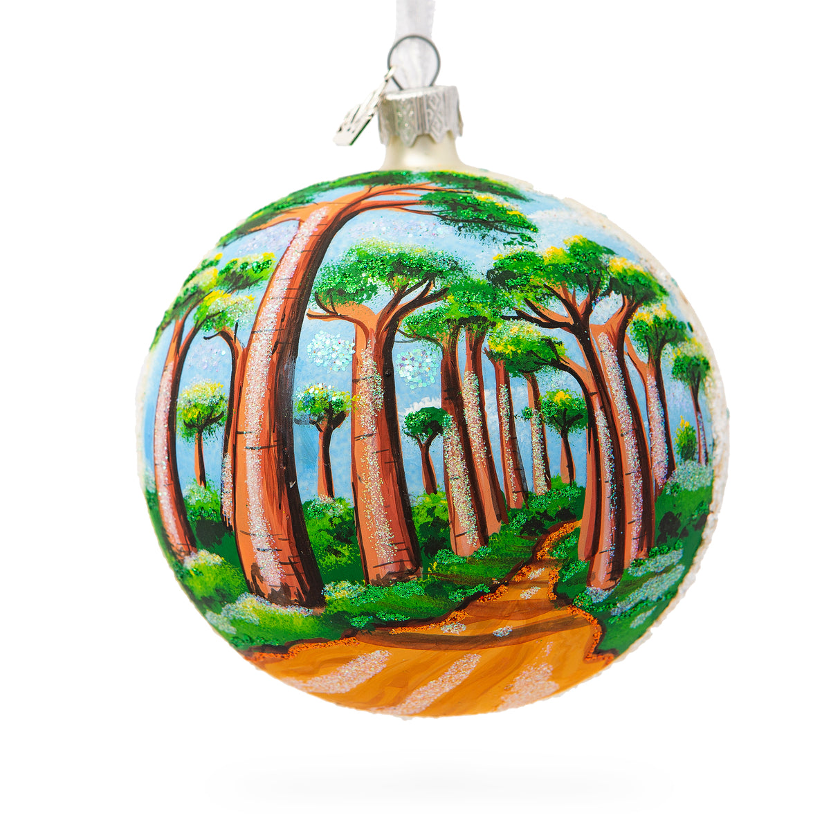 Glass Avenue of the Baobabs, Madagascar Glass Ball Christmas Ornament 4 Inches in Multi color Round