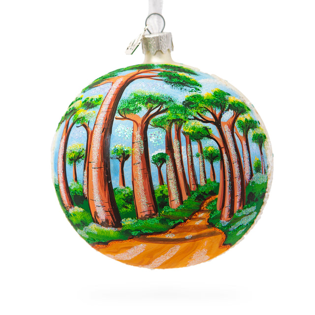 Glass Avenue of the Baobabs, Madagascar Glass Ball Christmas Ornament 4 Inches in Multi color Round