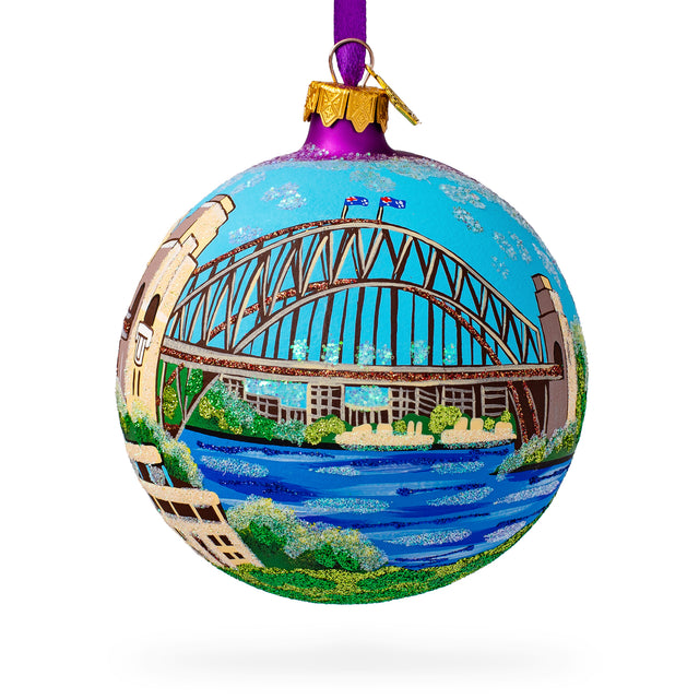 Harbor Bridge, Sydney, Australia Glass Ball Christmas Ornament 4 Inches in Blue color, Round shape