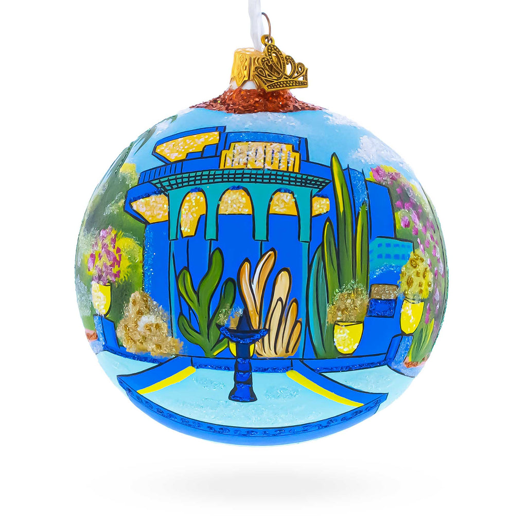 Jardin Majorelle, Marrakesh, Morocco Glass Ball Christmas Ornament 4 Inches in Blue color Round