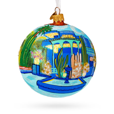 Jardin Majorelle, Marrakesh, Morocco Glass Ball Christmas Ornament 4 Inches in Blue color Round