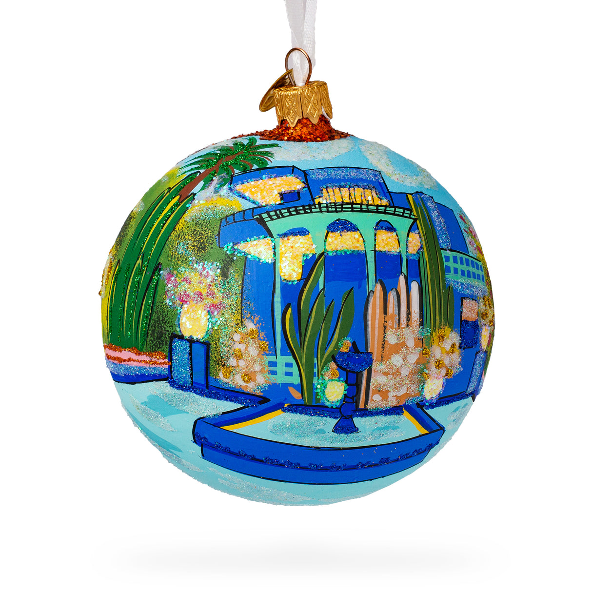 Jardin Majorelle, Marrakesh, Morocco Glass Ball Christmas Ornament 4 Inches in Blue color, Round shape