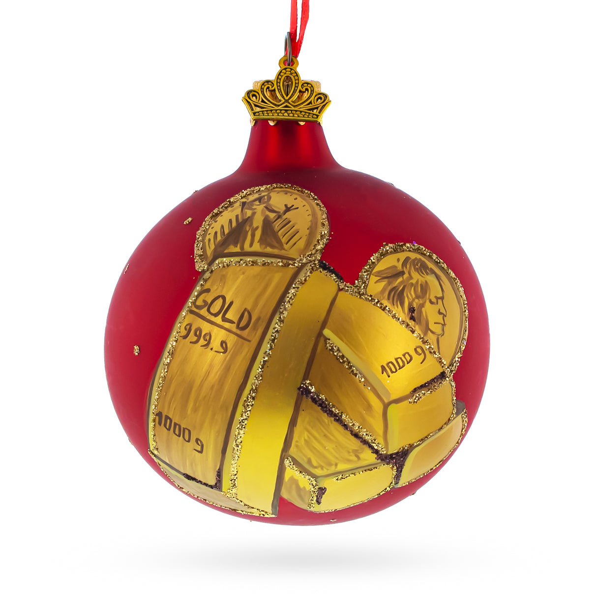 Glass Treasures of Wealth: Gold Bars and Coins Blown Glass Ball Christmas Ornament 3.25 Inches in Red color Round