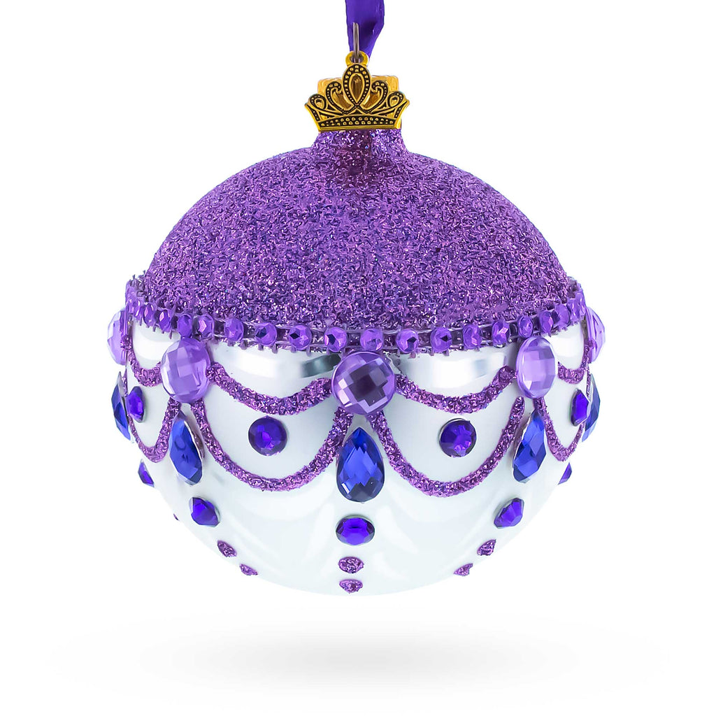 Glittered Purple Top Glass Ball Christmas Ornament 3.25 Inches in Purple color Round