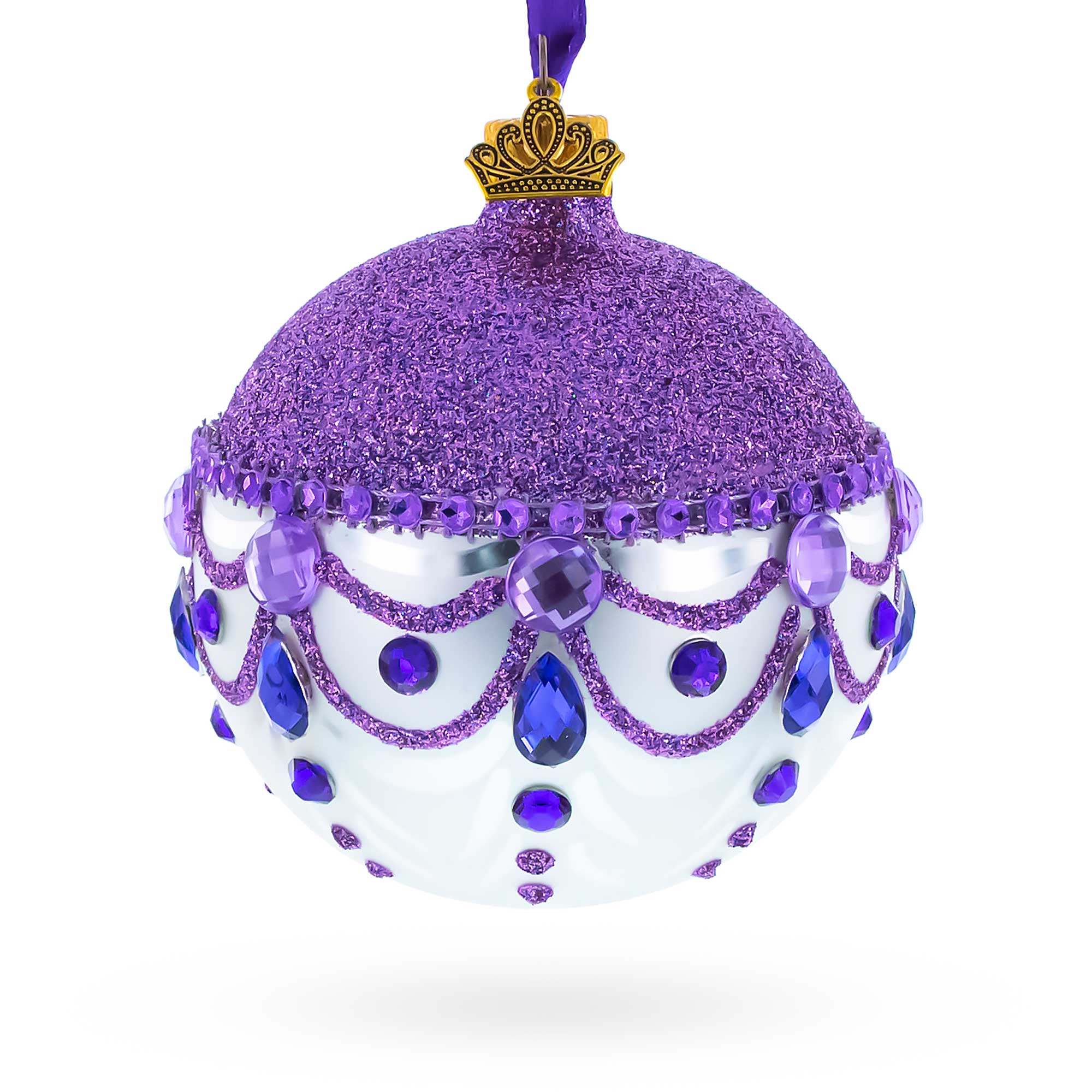 Glittered Purple Top Glass Ball Christmas Ornament 3.25 Inches in Purple color Round