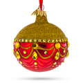 Glittered Golden Top Glass Ball Christmas Ornament 3.25 Inches in Red color Round