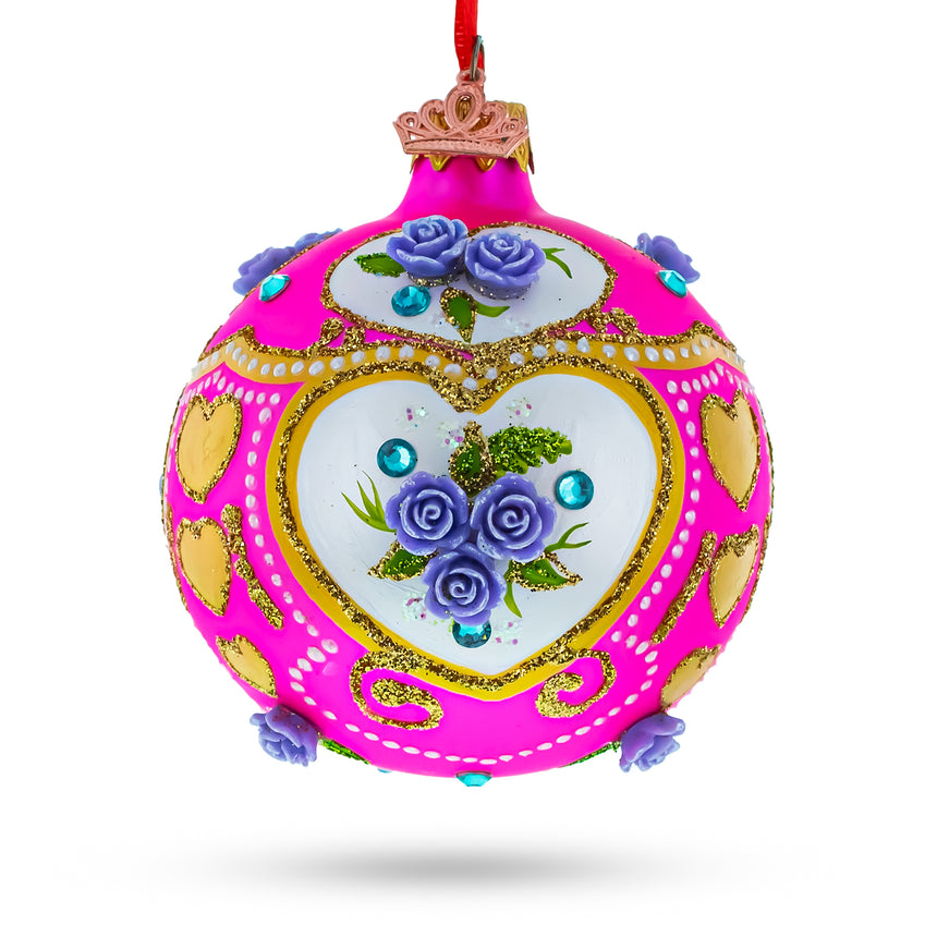 Roses on Pink Glass Ball Christmas Ornament 3.25 Inches in Pink color Round