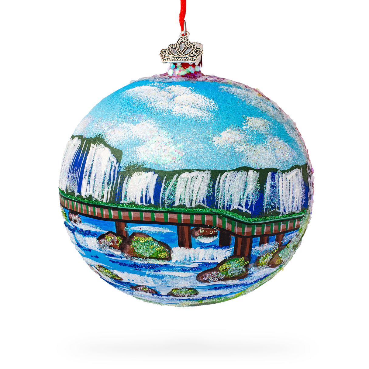 Iguazu Falls, Brazil and Argentina Glass Ball Christmas Ornament 4 Inches in Blue color, Round shape