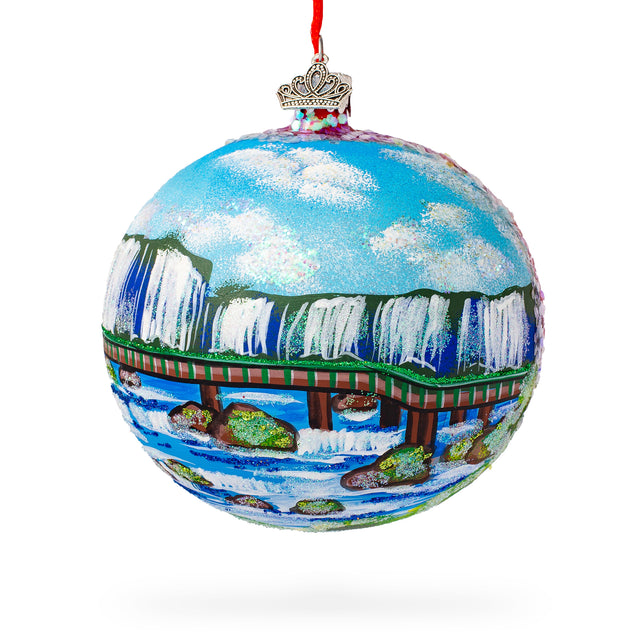 Iguazu Falls, Brazil and Argentina Glass Ball Christmas Ornament 4 Inches in Blue color Round
