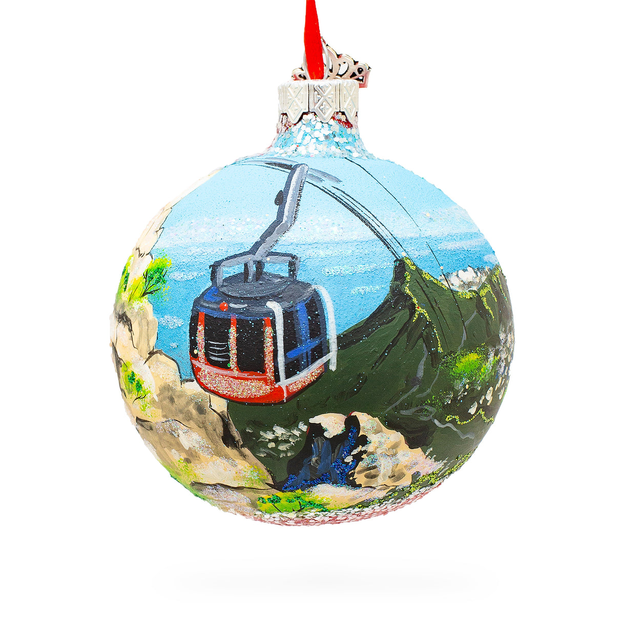 Glass Table Mountain Aerial Cableway, Cape Town, South Africa Glass Ball Christmas Ornament 3.25 Inches in Multi color Round