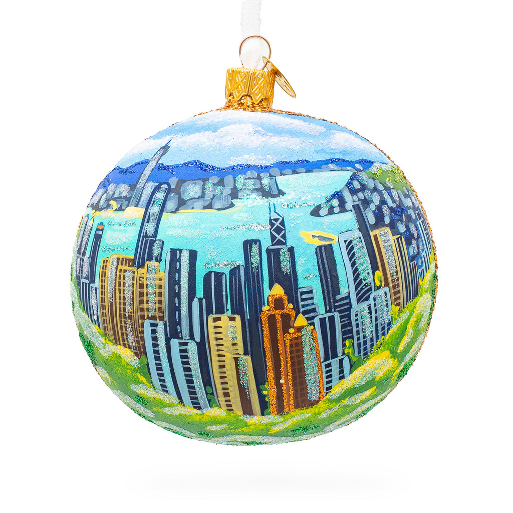 Victoria Peak, Hong Kong Glass Ball Christmas Ornament 4 Inches in Blue color, Round shape