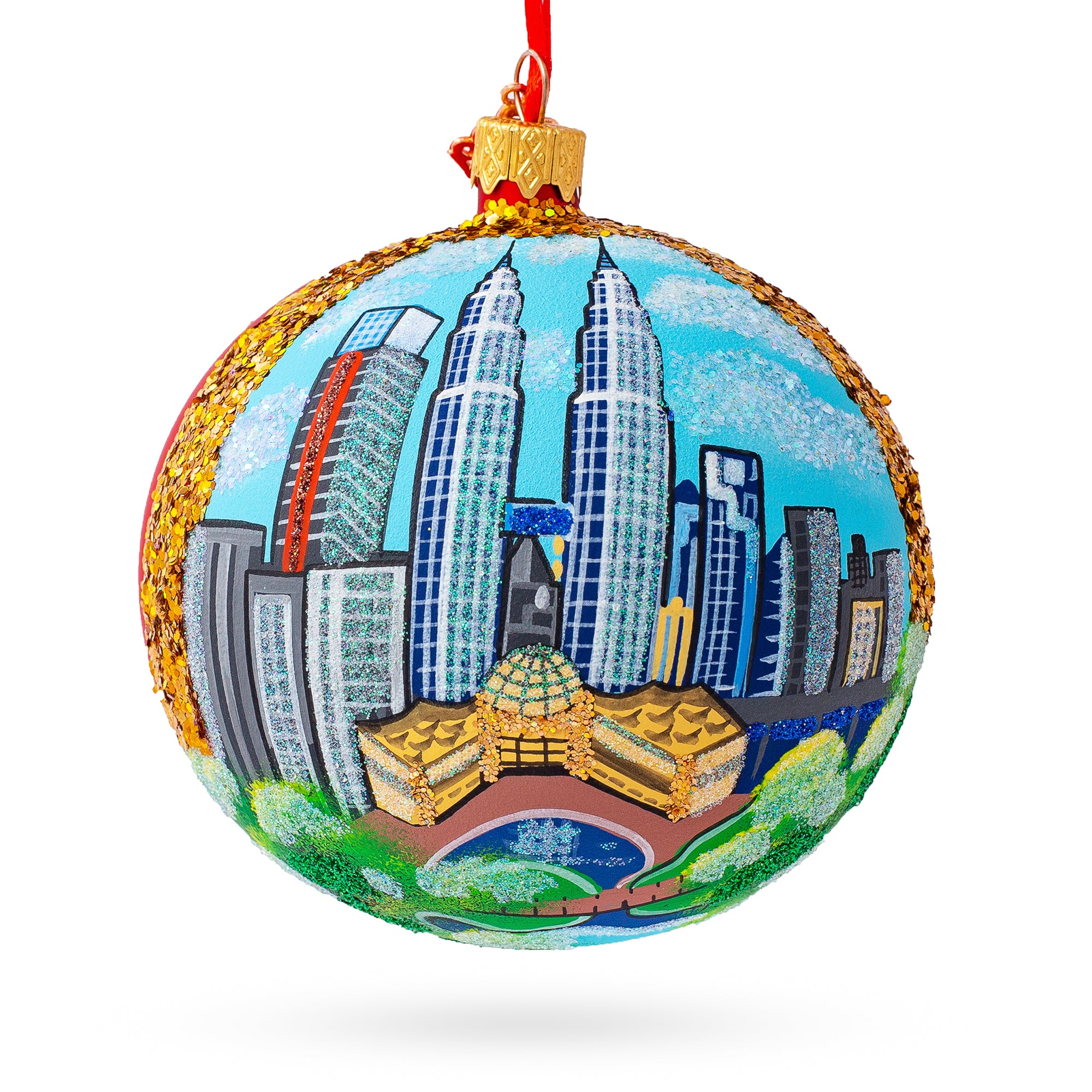 Petronas Twin Towers, Kuala Lumpur, Malaysia Glass Ball Christmas Ornament 4 Inches in Multi color Round