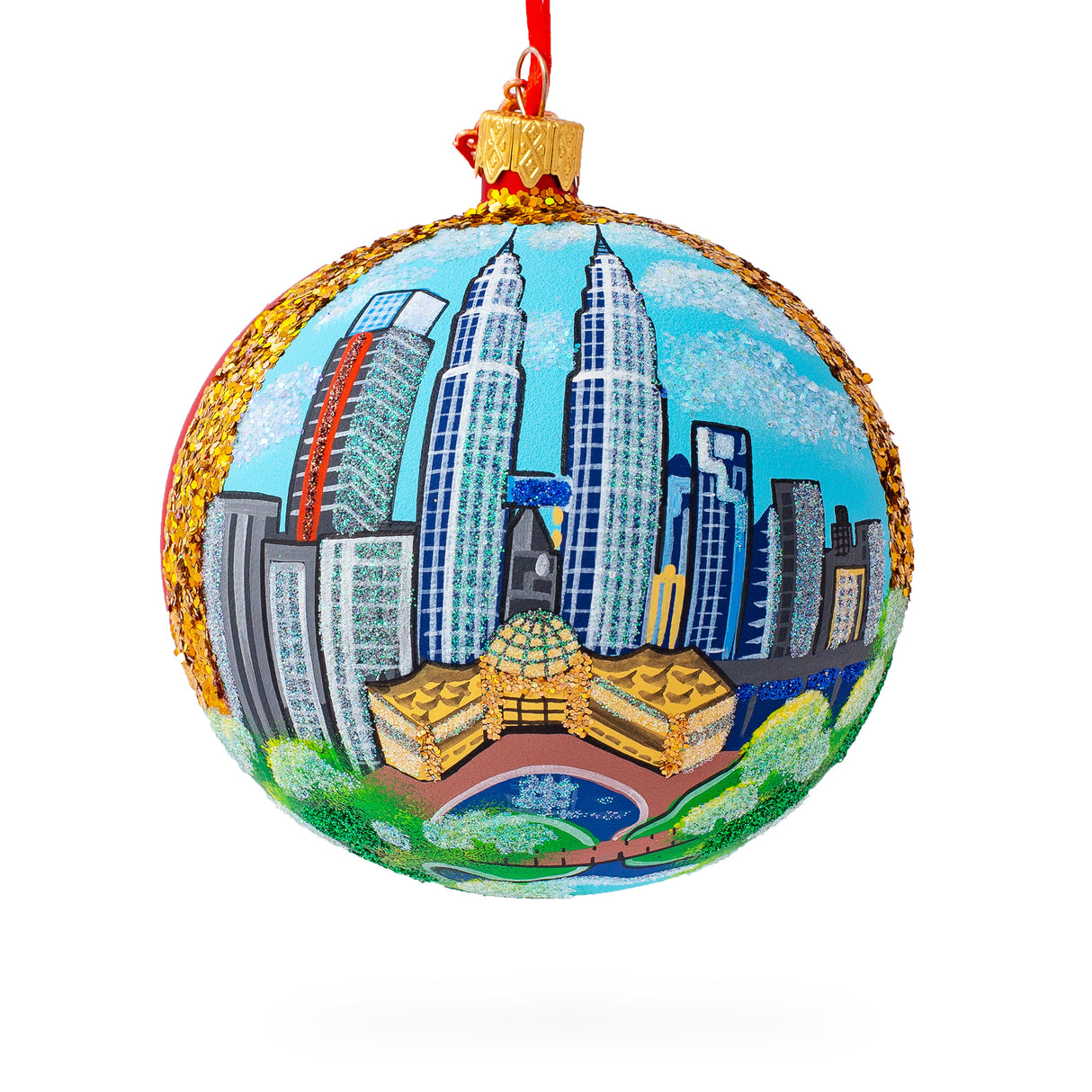 Petronas Twin Towers, Kuala Lumpur, Malaysia Glass Ball Christmas Ornament 4 Inches in Multi color, Round shape