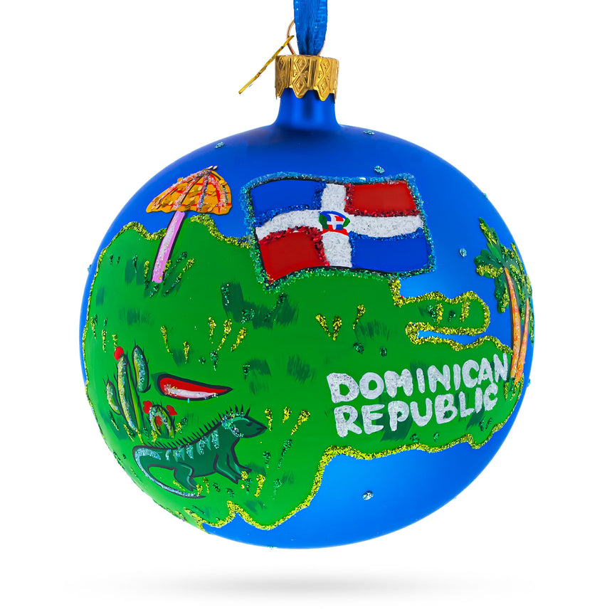 Dominican Republic Glass Ball Christmas Ornament 4 Inches in Blue color Round