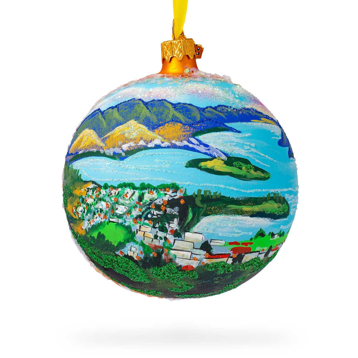 Glass Queenstown, New Zealand Glass Ball Christmas Ornament 4 Inches in Blue color Round