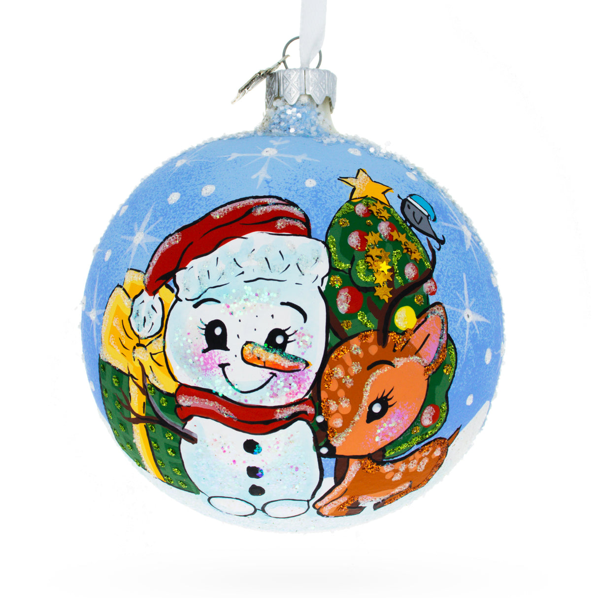 Glass Snowman and Baby Deer First Christmas Glass Ball Christmas Ornament 4 Inches in Blue color Round
