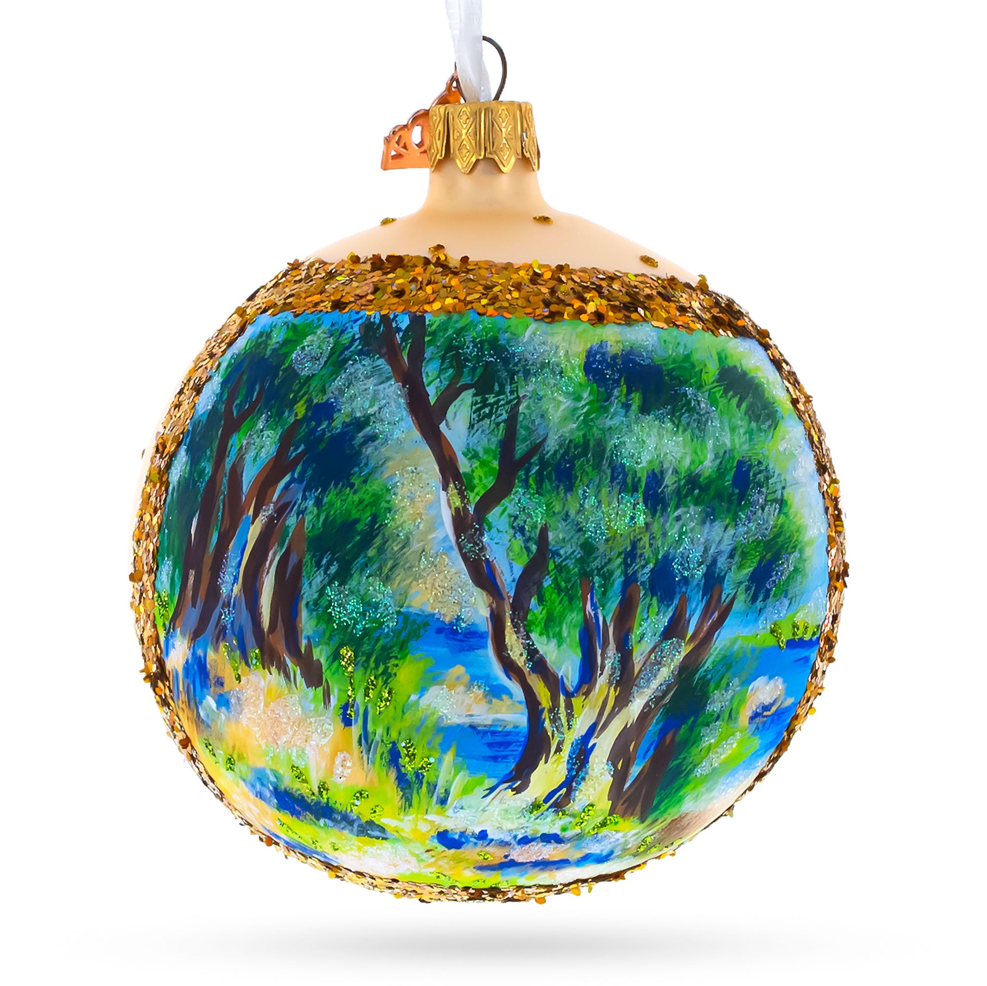 1883 Pierre-Auguste Renoir "Landscape on the Coast, near Menton" Glass Ball Christmas Ornament 4 Inches in Multi color Round