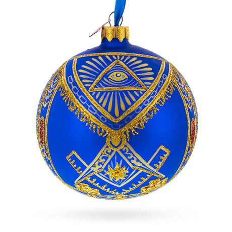 Freemasons Symbols Glass Ball Christmas Ornament 4 Inches in Blue color Round