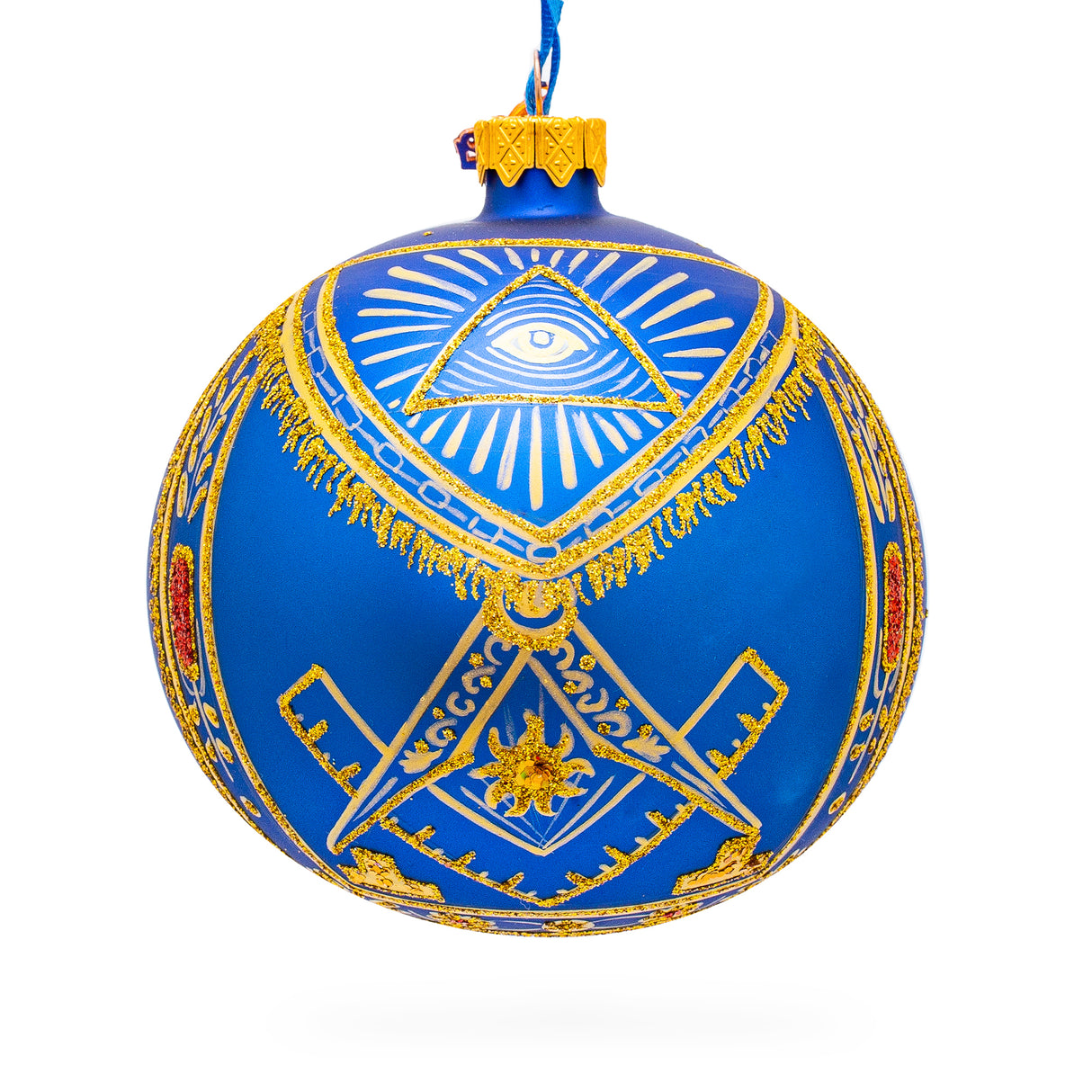 Freemasons Symbols Glass Ball Christmas Ornament 4 Inches in Blue color, Round shape